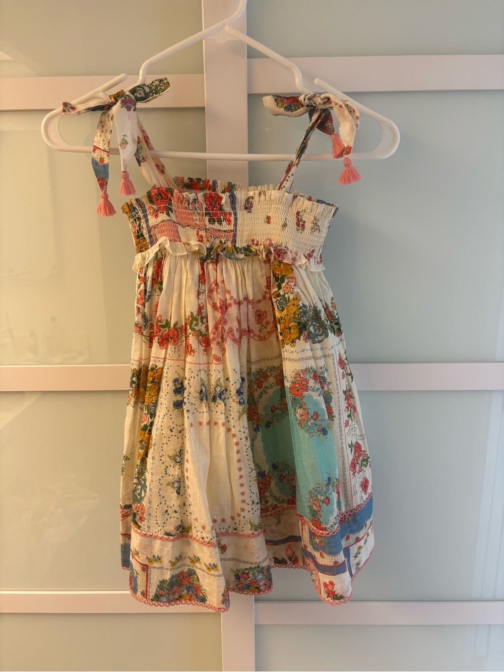 Zimmermann Kids - Clover Patch Cream Floral Patchwork Tie-Shoulder Sundress
